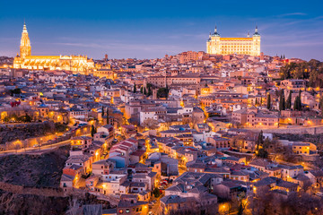 Fototapeta na wymiar Panorama of Toledo on the sunset and twilight in Spain, Europe