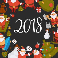 Happy New Year cartoon Santa celebrating holidays or having leisure summer fun icons for greeting card design.