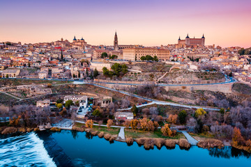 Panorama of Toledo on the sunset and twilight in Spain, Europe - obrazy, fototapety, plakaty