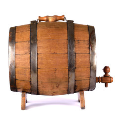 a small wooden wine bar, barrel on the legs and a wooden crane