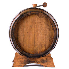 a small wooden wine bar, barrel on the legs and a wooden crane