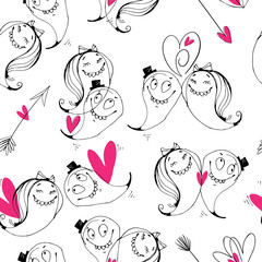 Seamless pattern with cute enamored characters. Vector romantic illustration.  Perfect for use on Valentine's Day or wedding.