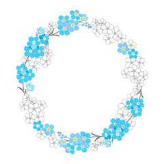Round frame with forget-me-nots. Nature wreath. Vector illustration with space for text on a white background.Can be greeting cards, invitations, and design element.
