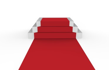 Stage for awards ceremony, white podium with red carpet, pedestal, 3d illustration