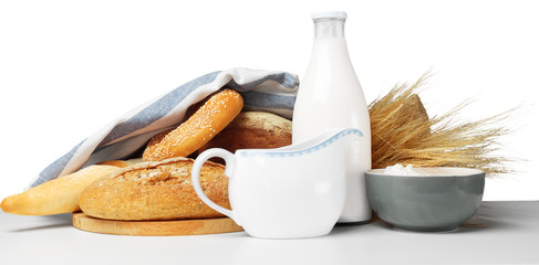 Bread and milk on the table