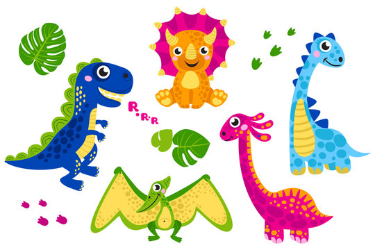 Set of cute vector dinosaurs isolated on white background. Cartoon dinosaurs, monster animal, dino,  prehistoric character. Vector illustration