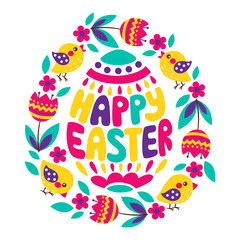 Happy Easter colorful lettering with flower, tulips and chick. Greeting card text templates with Easter eggs isolated on white background. Happy easter lettering