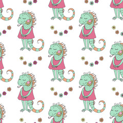 Beautiful seamless pattern of cute iguana