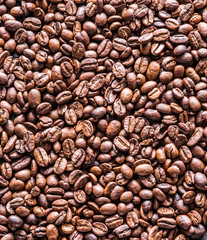 Roasted coffee beans. Top view.