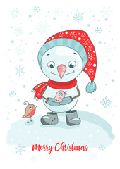 Christmas Greeting Card with cute snowman, birds
