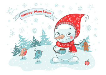 Christmas Greeting Card with cute snowman, birds and snowflakes