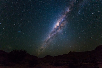 Milky Way arch, stars in the sky, the Namib desert in Namibia, Africa. The Small Magellanic Cloud...