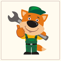 Funny fox in wearing overalls with the large wrench on her shoulder. Mechanic fox in cartoon style shows like.