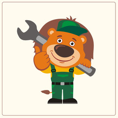 Funny lion in wearing overalls with the large wrench on her shoulder. Mechanic lion in cartoon style shows like. - 185454157