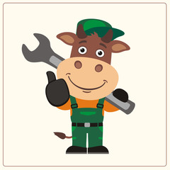 Funny bull in wearing overalls with the large wrench on her shoulder. Mechanic bull in cartoon style shows like.