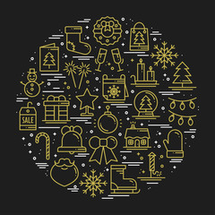 Round line christmas illustration with different winter symbols, elements, icons including presents, christmas tree, firework, bell, snowflakes socks, candy cane. Unique Xmas New Year holidays print.