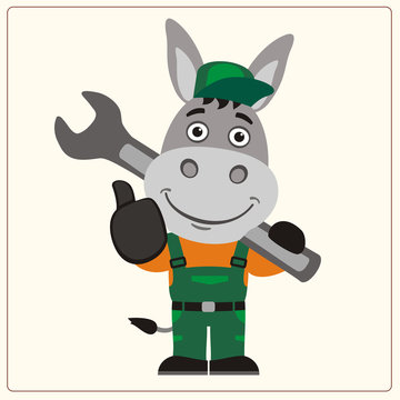 Funny donkey in wearing overalls with the large wrench on her shoulder. Mechanic donkey in cartoon style shows like.