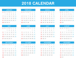 simple 2018 year calendar set of all month