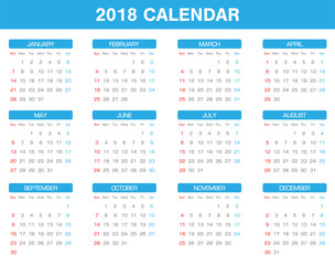 simple 2018 year calendar set of all month