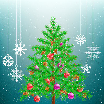 Christmas tree and big hang snowflakes