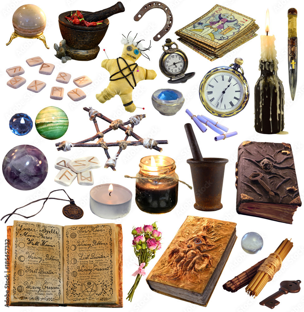 Wall mural big set with magic and occult objects isolated on white. occult, esoteric, divination and wicca conc