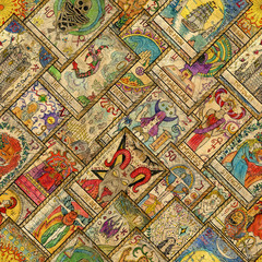 Fototapeta premium Seamless pattern with hand drawn tarot cards in diagonal layout. Occult, esoteric, divination and wicca concept. Mystic and vintage astrology background for antique decorations, scrapbooking