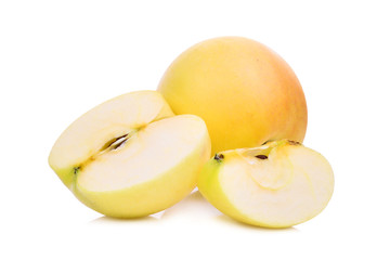 whole and slice of golden or yellow apple fruit isolated on white background