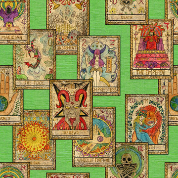 Seamless pattern with old Tarot cards on green background. Occult, esoteric, divination and wicca concept. Mystic and vintage astrology background for antique decorations, scrapbooking