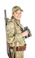 female hunter with double barreled shotgun Isolated on white background.