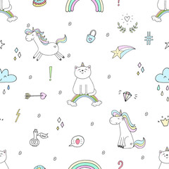 Hand drawn seamless pattern with cute cat on a rainbow, doodle illustration for kids, vector print.