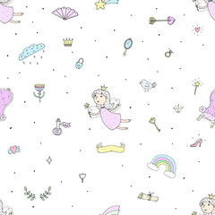 cartoon positive seamless pattern with cute girls