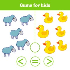 Education logic game for preschool kids. Choose the correct answer. More, less or equal Vector illustration. Animal pictures for kids