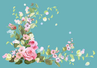 Angled frame with roses, spring blossom (bloom), branches with mauve, pink apple tree flowers, buds, green leaves on blue background. Digital draw, illustration in watercolor style, vintage, vector © analgin12