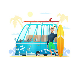 Magic van with surf board and man. The Joyful Surfer standing near surf bus. Surfing time Summer vacation. Vector illustration.