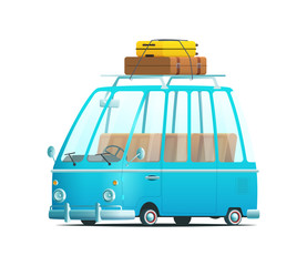 Holiday cartoon travel bus with luggage on the roof.