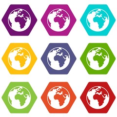 Earth globe icon set color hexahedron