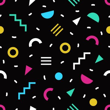 Trendy seamless pattern with small bright colored geometric shapes and lines on black background. Colorful simple backdrop. Vector illustration in cool 1980s style for textile print, wrapping paper.