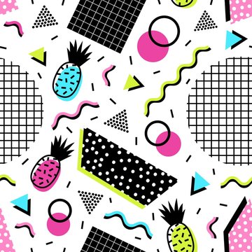 Seamless pattern with exotic pineapple fruits, geometric shapes and wavy lines of acid colors on white background. Vector illustration in contemporary style for fabric print, wallpaper, backdrop.