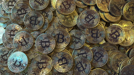 Fototapeta premium Big pile of bitcoin tokens. 3D rendering