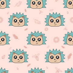 Cute kids hedgehog pattern for girls and boys. Colorful hedgehog on the abstract background create a fun cartoon drawing. The pattern is made in pastel colors. Urban hedgehog backdrop for textile