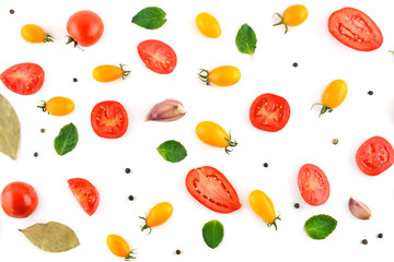 Tomatoes and spices isolated on white background.Flat lay, top view.