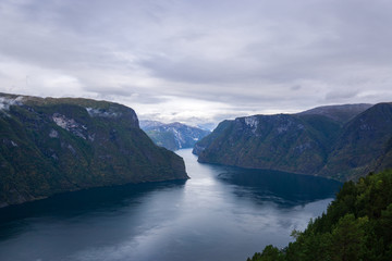 Fototapeta na wymiar Fjords and clouds at Aurlandsvangen in Norway