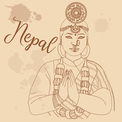 Fototapeta na wymiar Nepali girl retro style travel poster postcard hand drawn sketch