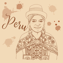 Peruvian girl retro style travel poster postcard hand drawn sketch