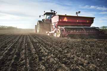 Obraz premium Red tractor plow field