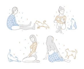 Collection of beautiful girls sitting in various poses and cats hand drawn with contour lines on white background. Set of drawings of young women and their cute pet animals. Vector illustration.