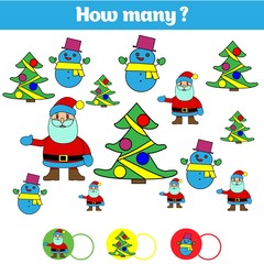 Fototapeta premium Counting educational children game, kids activity sheet. How many objects task. Learning mathematics, numbers