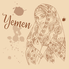Yemeni girl retro style travel poster postcard hand drawn sketch