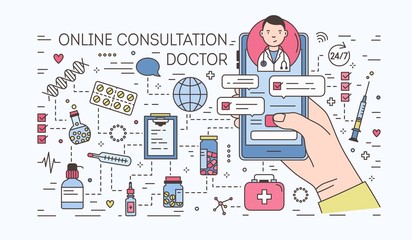 Hand holding smartphone with internet chat with doctor on screen against pills and medicines on background. Medical online consultation. Colorful banner in line art style. Vector illustration.
