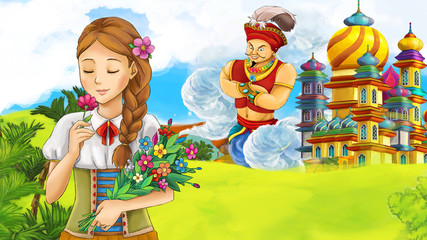 cartoon fairy tale scene with beautiful princess near big castle and flying giant sorcerer illustration for children